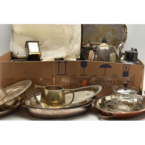 215 - A BOX OF ASSORTED WHITE METAL WARE, to include a canteen of EPNS cutlery, EPNS trays, a three piece ... 