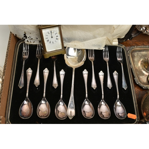 215 - A BOX OF ASSORTED WHITE METAL WARE, to include a canteen of EPNS cutlery, EPNS trays, a three piece ... 