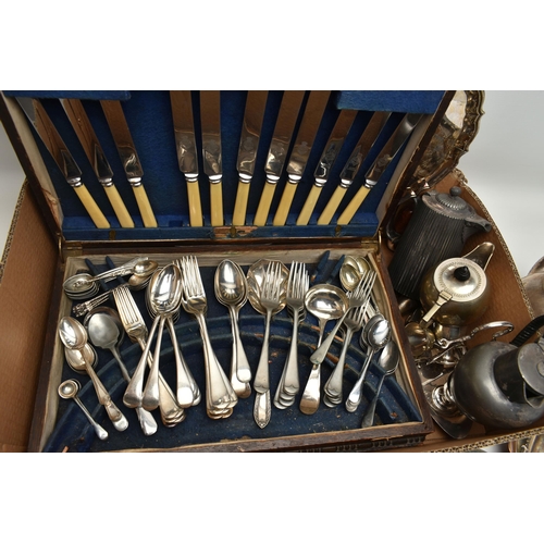 215 - A BOX OF ASSORTED WHITE METAL WARE, to include a canteen of EPNS cutlery, EPNS trays, a three piece ... 