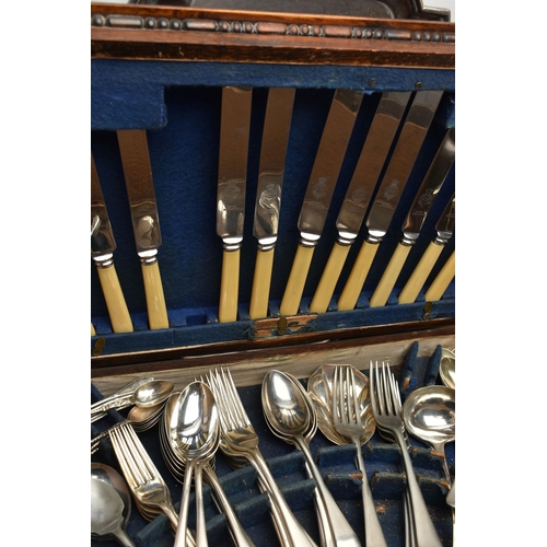 215 - A BOX OF ASSORTED WHITE METAL WARE, to include a canteen of EPNS cutlery, EPNS trays, a three piece ... 