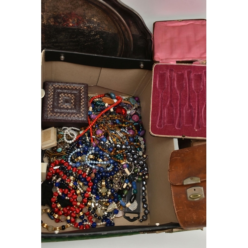 216 - A BOX OF WHITE METAL WARE AND OTHER ITEMS, to include an oval tray, tankards, butter dish, silver pl... 