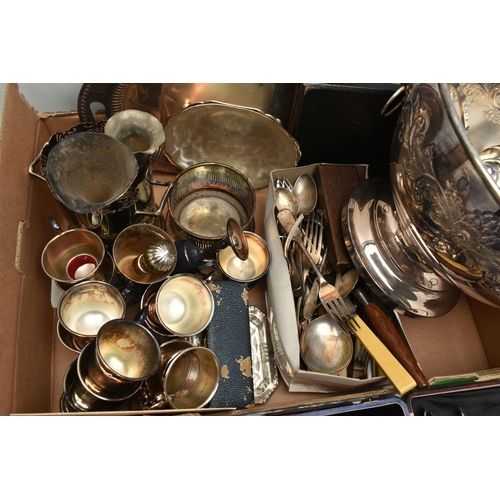 219 - A BOX OF ASSORTED WHITE METAL WARE, to include a silver plate punch bowl with ladle, goblets, cups, ... 