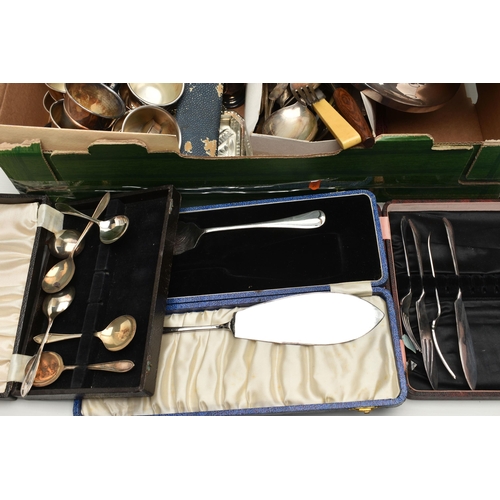 219 - A BOX OF ASSORTED WHITE METAL WARE, to include a silver plate punch bowl with ladle, goblets, cups, ... 