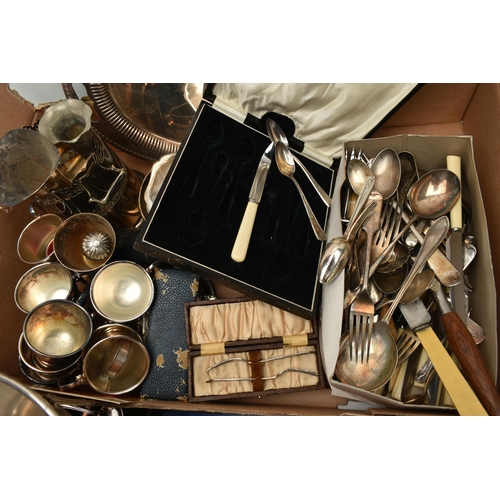 219 - A BOX OF ASSORTED WHITE METAL WARE, to include a silver plate punch bowl with ladle, goblets, cups, ... 