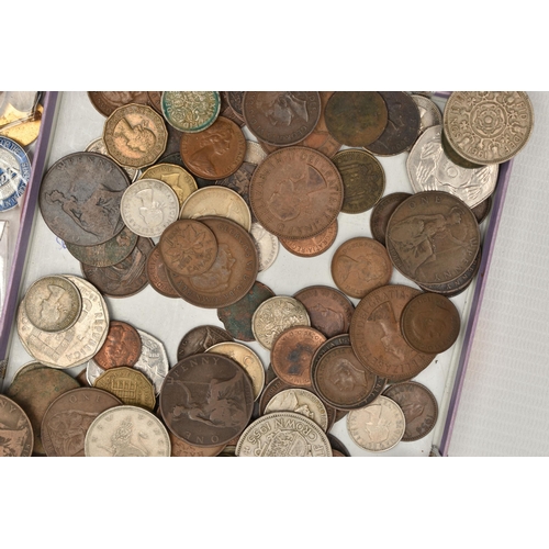 222 - A SMALL CARDBOARD TRAY CONTAINING A SMALL AMOUNT OF COINS, to include 3x Millenium £5 coins, a small... 