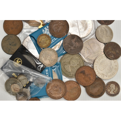 222 - A SMALL CARDBOARD TRAY CONTAINING A SMALL AMOUNT OF COINS, to include 3x Millenium £5 coins, a small... 