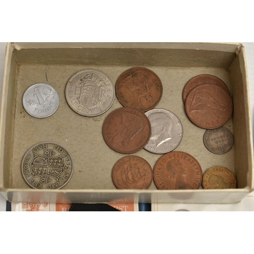 223 - TWO SMALL BOX LIDS OF COINAGE, to include 2x 1953 UK  sealed year sets, an 1885 some ware Victoria H... 