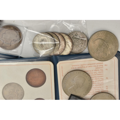 223 - TWO SMALL BOX LIDS OF COINAGE, to include 2x 1953 UK  sealed year sets, an 1885 some ware Victoria H... 