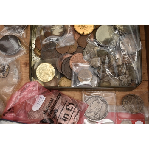 225 - A WOODEN DRAWER CONTAINING COINS, to include a William IV 1836 Halfcrown good grade, several George ... 