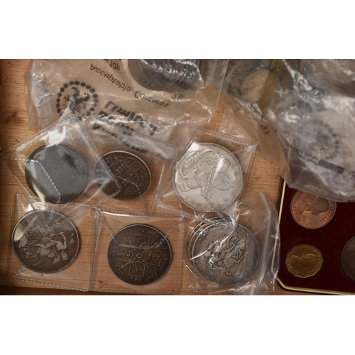 225 - A WOODEN DRAWER CONTAINING COINS, to include a William IV 1836 Halfcrown good grade, several George ... 