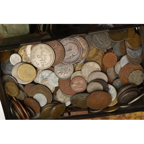 226 - THREE VERY HEAVY TINS OF MIXED COINAGE, to include lots of UK copper coins, a small bag of silver co... 