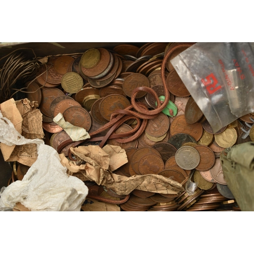 226 - THREE VERY HEAVY TINS OF MIXED COINAGE, to include lots of UK copper coins, a small bag of silver co... 