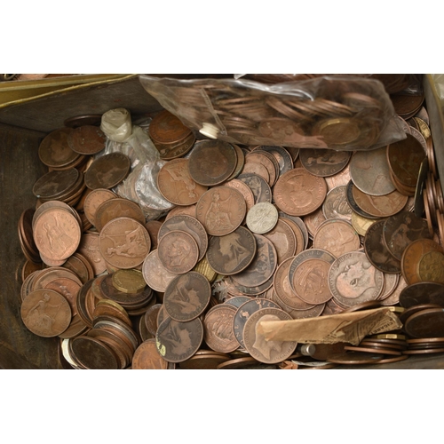 226 - THREE VERY HEAVY TINS OF MIXED COINAGE, to include lots of UK copper coins, a small bag of silver co... 