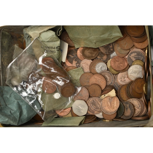 226 - THREE VERY HEAVY TINS OF MIXED COINAGE, to include lots of UK copper coins, a small bag of silver co... 