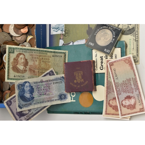 227 - A BOX CONTAINING MIXED COINAGE, to include a 1937 Geoge VI Crown, a 50th Anniversary of WW2 coin/sta... 