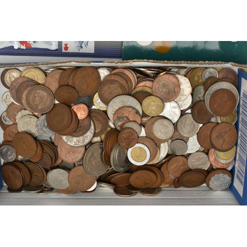 227 - A BOX CONTAINING MIXED COINAGE, to include a 1937 Geoge VI Crown, a 50th Anniversary of WW2 coin/sta... 