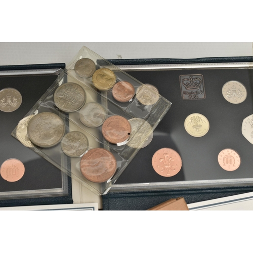 229 - A LARGE CARDBOARD BOX OF COINS, to include a cased Festival of Britain 1951 Ten coin set, three othe... 