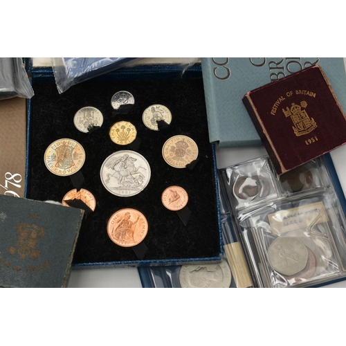 229 - A LARGE CARDBOARD BOX OF COINS, to include a cased Festival of Britain 1951 Ten coin set, three othe... 