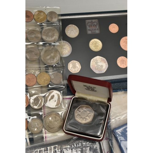 229 - A LARGE CARDBOARD BOX OF COINS, to include a cased Festival of Britain 1951 Ten coin set, three othe... 