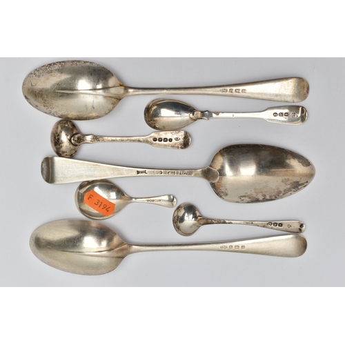 237 - A SMALL PARCEL OF SILVER FLATWARE, comprising a George III Hanoverian pattern tablespoon, maker Benj... 