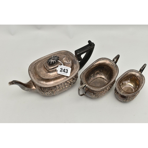 243 - A LATE VICTORIAN SILVER THREE PIECE BACHELOR'S TE SET OF OVAL FORM, gadrooned rims, foliate repoussé... 