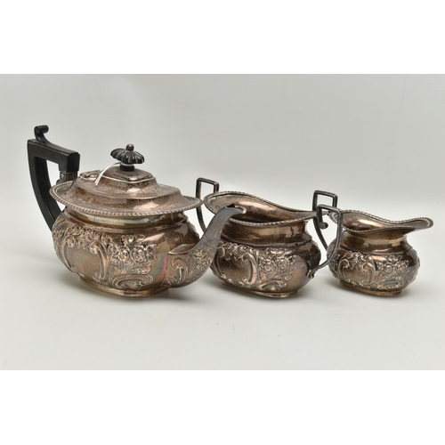 243 - A LATE VICTORIAN SILVER THREE PIECE BACHELOR'S TE SET OF OVAL FORM, gadrooned rims, foliate repoussé... 