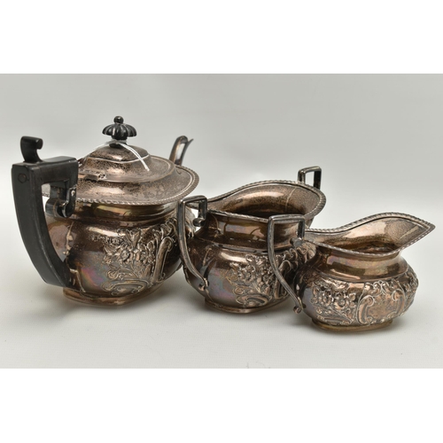 243 - A LATE VICTORIAN SILVER THREE PIECE BACHELOR'S TE SET OF OVAL FORM, gadrooned rims, foliate repoussé... 