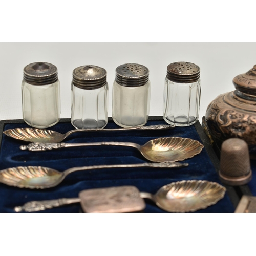 245 - A PARCEL OF SILVER, WHITE METAL AND SILVER PLATE, the silver including a cased set of six apostle to... 