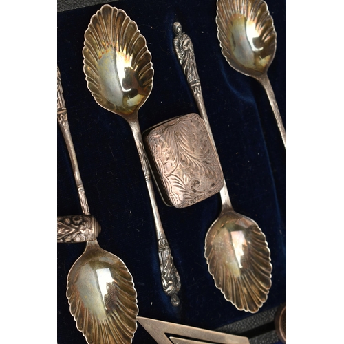 245 - A PARCEL OF SILVER, WHITE METAL AND SILVER PLATE, the silver including a cased set of six apostle to... 