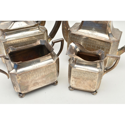 251 - A LATE VICTORIAN WALKER & HALL FOUR PIECE TEA SERVICE OF SHAPED RECTANGULAR FORM, comprising teapot,... 