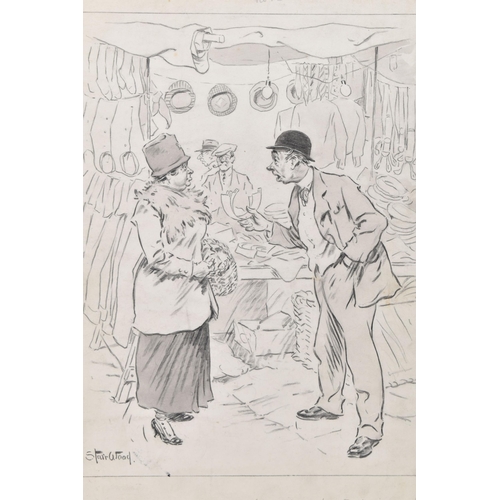 301 - STARR WOOD (1870-1944) A CARTOON / ILLUSTRATION, POSSIBLY FOR PUNCH MAGAZINE, a male figure is tryin... 