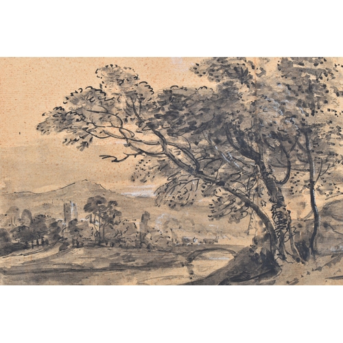 302 - AN UNSIGNED 18TH CENTURY LANDCAPE STUDY, trees stand on the nearside bank of a river with a castle o... 