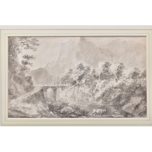 305 - AN EARLY 19TH CENTURY ROMANTIC ENGLISH SCHOOL LANDSCAPE, a solitary figure is crossing a bridge with... 