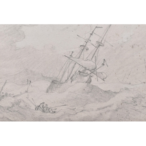 307 - A 19TH CENTURY MARITIME SHIPPING SCENE, depicting ships and a tender in rough seas, unsigned pencil ... 