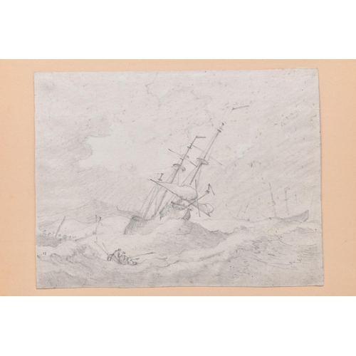 307 - A 19TH CENTURY MARITIME SHIPPING SCENE, depicting ships and a tender in rough seas, unsigned pencil ... 