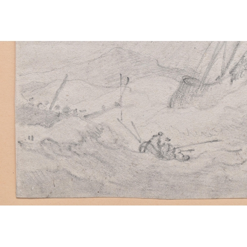 307 - A 19TH CENTURY MARITIME SHIPPING SCENE, depicting ships and a tender in rough seas, unsigned pencil ... 