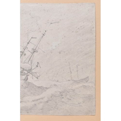 307 - A 19TH CENTURY MARITIME SHIPPING SCENE, depicting ships and a tender in rough seas, unsigned pencil ... 