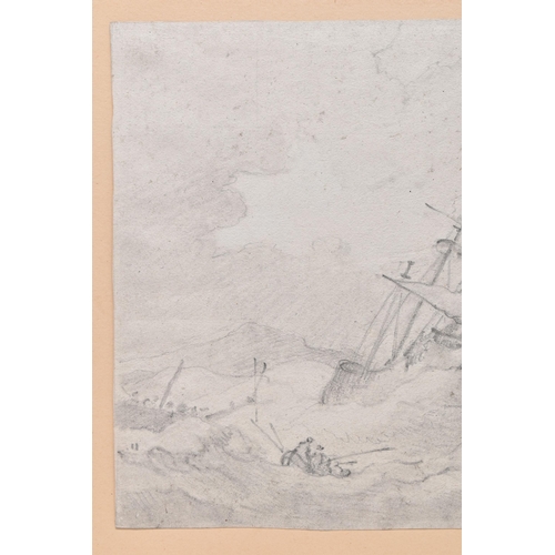 307 - A 19TH CENTURY MARITIME SHIPPING SCENE, depicting ships and a tender in rough seas, unsigned pencil ... 