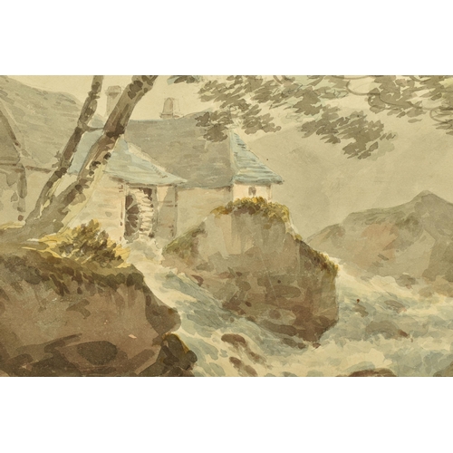 315 - CIRCLE OF JOSEPH BARKER A RIVER LANDSCAPE WITH WATER MILL, no visible signature, watercolour on pape... 