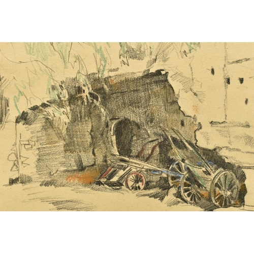 318 - FREDERICK LAWSON (1888-1968) 'LES BAUX', a rustic French scene with carts, signed titled and dated 1... 