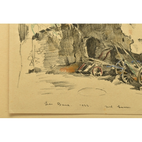 318 - FREDERICK LAWSON (1888-1968) 'LES BAUX', a rustic French scene with carts, signed titled and dated 1... 