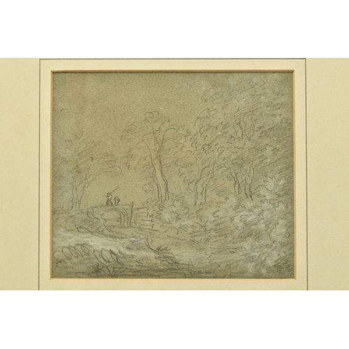 320 - AN 18TH CENTURY ENGLISH SCHOOL LANDSCAPE SKETCH, two figures, one possibly an angler are crossing a ... 