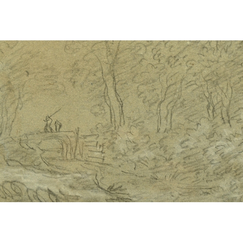 320 - AN 18TH CENTURY ENGLISH SCHOOL LANDSCAPE SKETCH, two figures, one possibly an angler are crossing a ... 