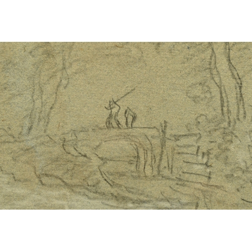 320 - AN 18TH CENTURY ENGLISH SCHOOL LANDSCAPE SKETCH, two figures, one possibly an angler are crossing a ... 