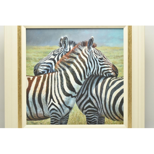 324 - TONY FORREST (BRITISH 1961) 'NEAREST AND DEAREST', a signed limited edition print on board of zebras... 