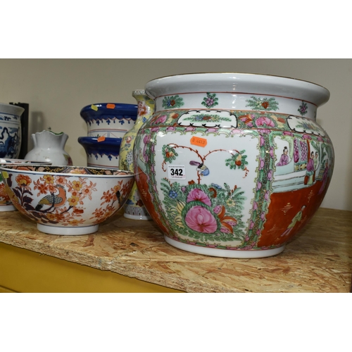 342 - A GROUP OF EIGHT ORIENTAL STYLE PLANTERS AND BOWLS, comprising a large blue and white planter decora... 