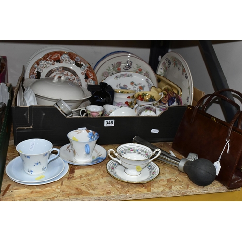 346 - ONE BOX OF TEA WARE AND SUNDRIES, to include a vintage French black glass vase, Queen's China 'Antiq... 