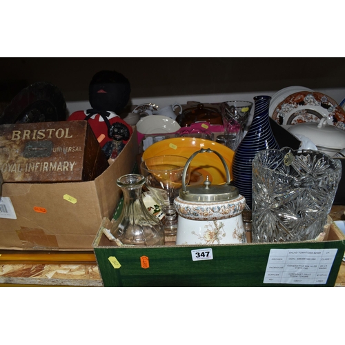 347 - THREE BOXES OF MISCELLANEOUS SUNDRIES, to include an early 20th- century handmade ragdoll, a painted... 