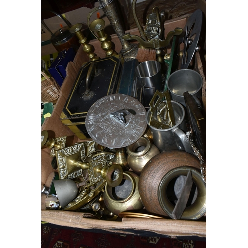 348 - THREE BOXES OF METALWARE AND SUNDRIES, to include a mahogany writing box, oak sewing box, a Japanned... 