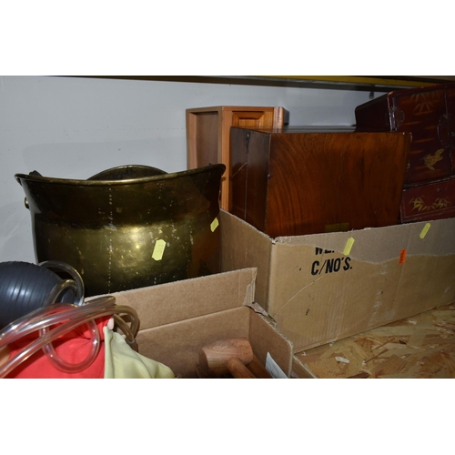 348 - THREE BOXES OF METALWARE AND SUNDRIES, to include a mahogany writing box, oak sewing box, a Japanned... 